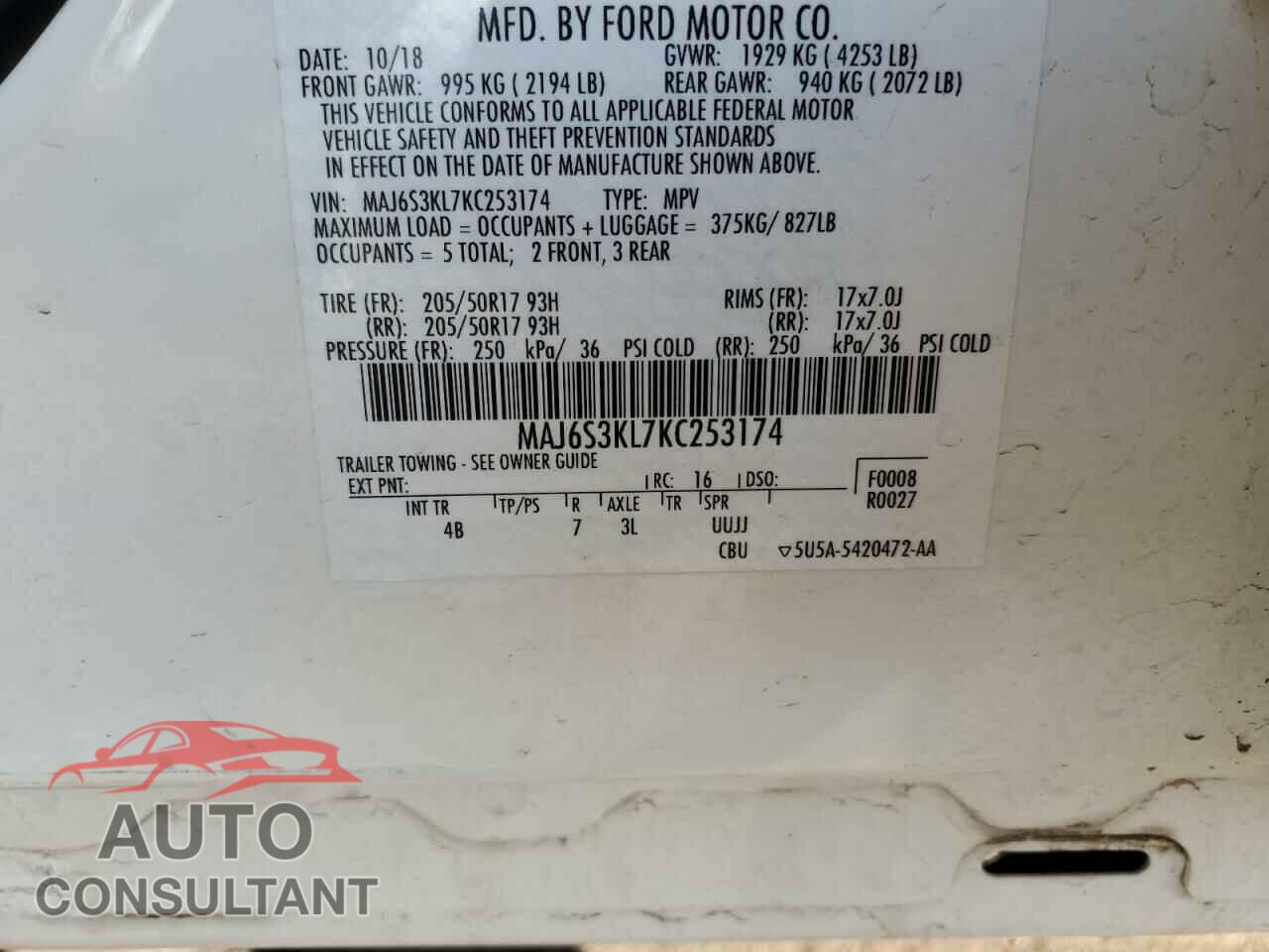 FORD ECOSPORT 2019 - MAJ6S3KL7KC253174