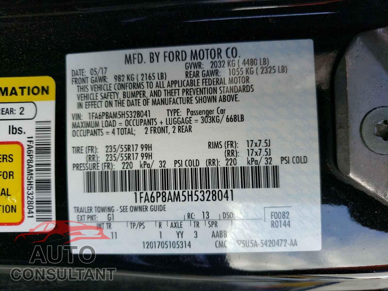 FORD MUSTANG 2017 - 1FA6P8AM5H5328041