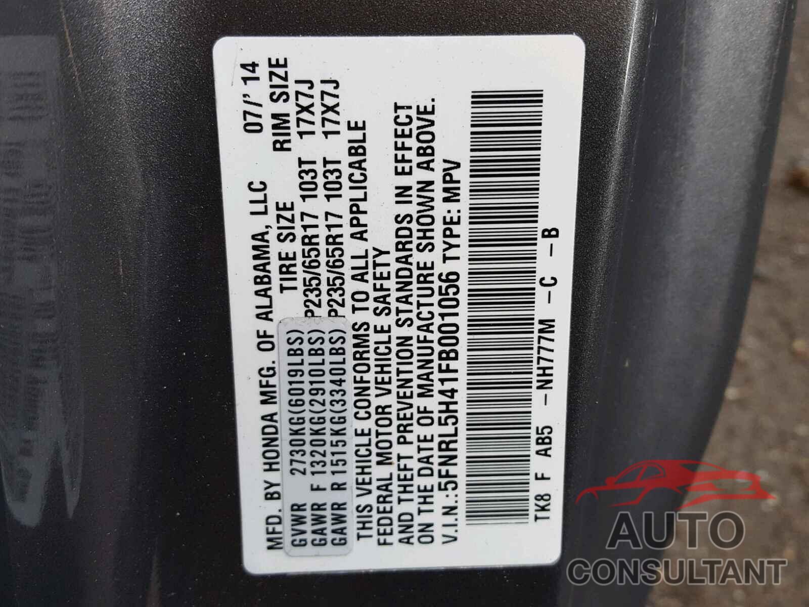 HONDA ODYSSEY EX 2015 - 5FNRL5H41FB001056