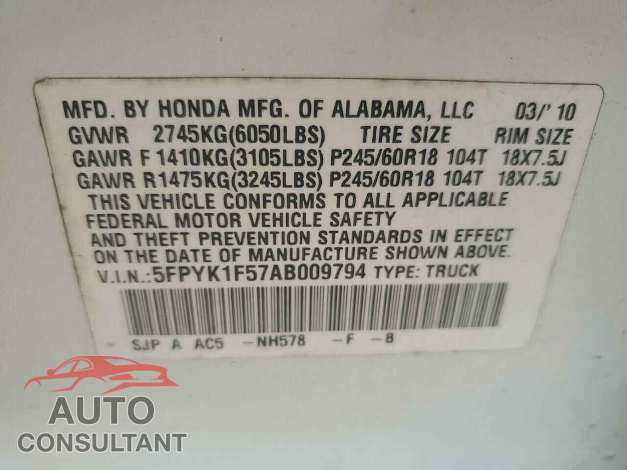 HONDA RIDGELINE 2010 - 5FPYK1F57AB009794
