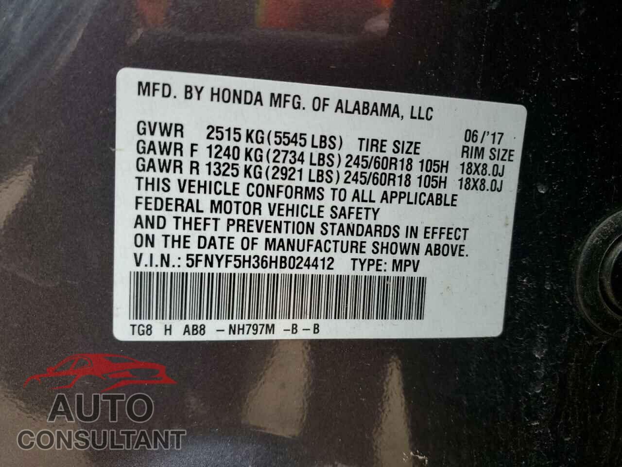 HONDA PILOT 2017 - 5FNYF5H36HB024412