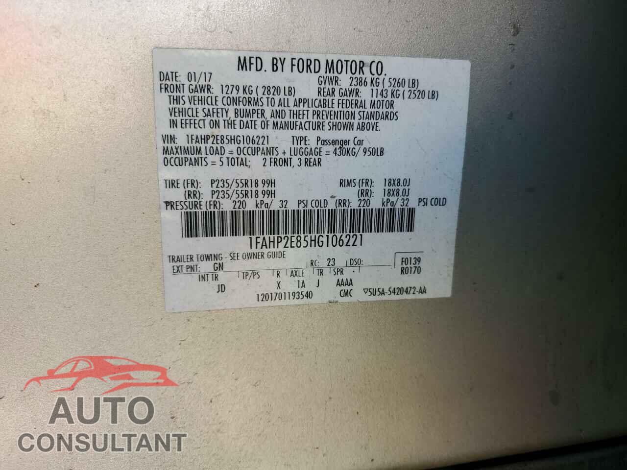 FORD TAURUS 2017 - 1FAHP2E85HG106221