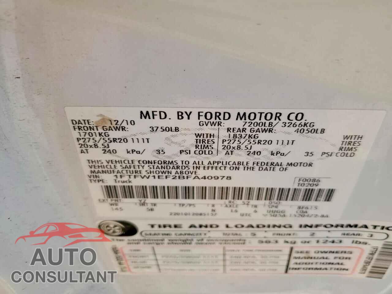 FORD F150 2011 - 1FTFW1EF2BFA40978