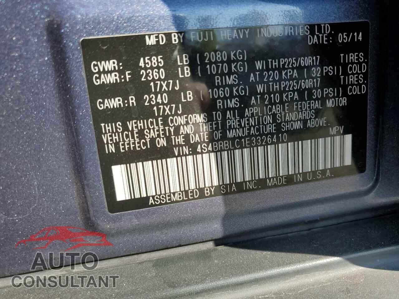 SUBARU OUTBACK 2014 - 4S4BRBLC1E3326410