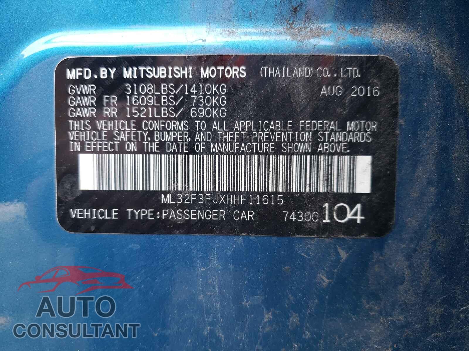MITSUBISHI MIRAGE 2017 - ML32F3FJXHHF11615