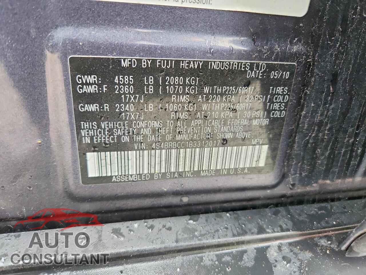 SUBARU OUTBACK 2011 - 4S4BRBCC1B3312017