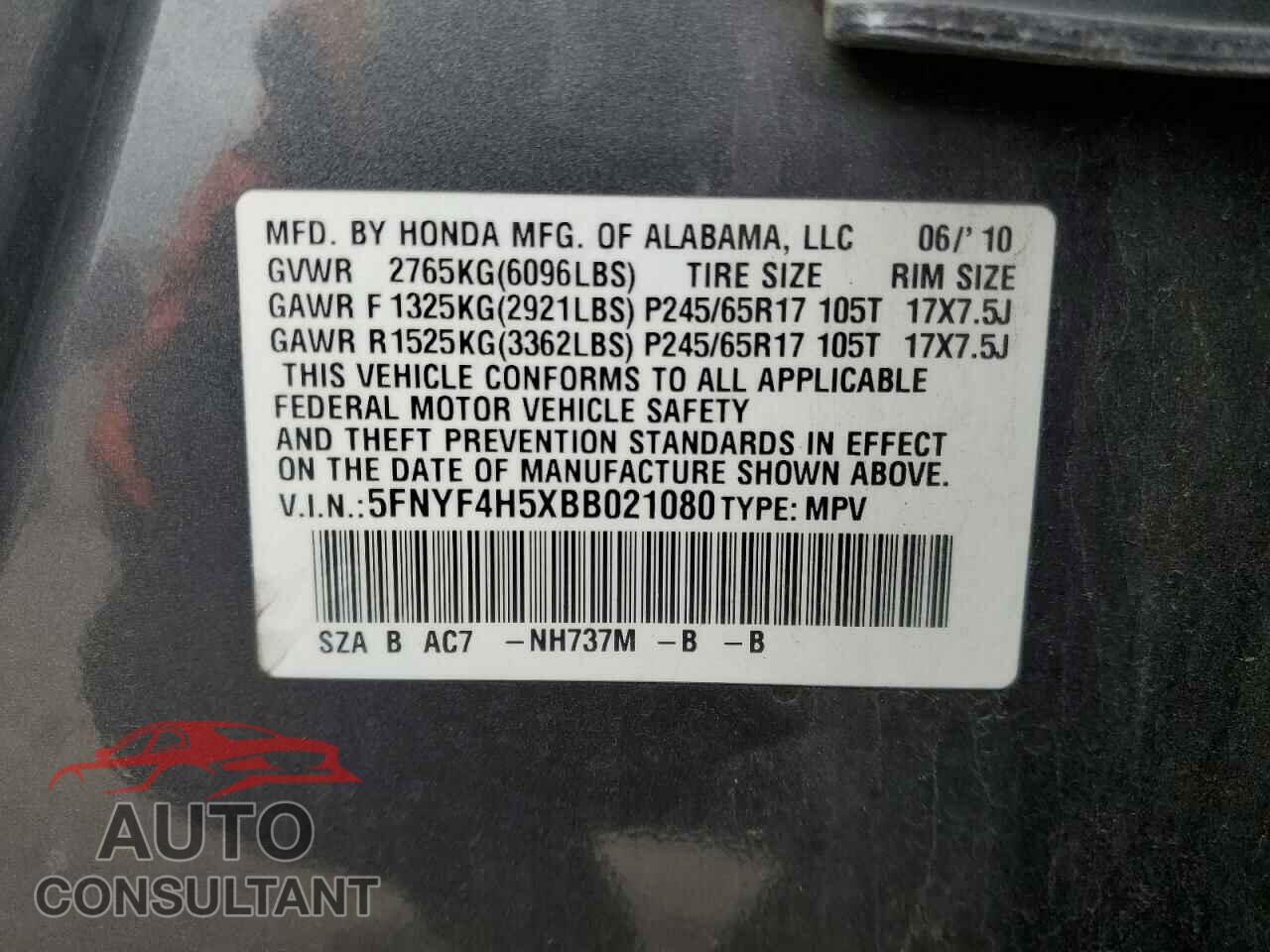 HONDA PILOT 2011 - 5FNYF4H5XBB021080