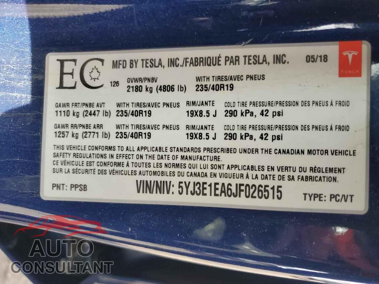 TESLA MODEL 3 2018 - 5YJ3E1EA6JF026515