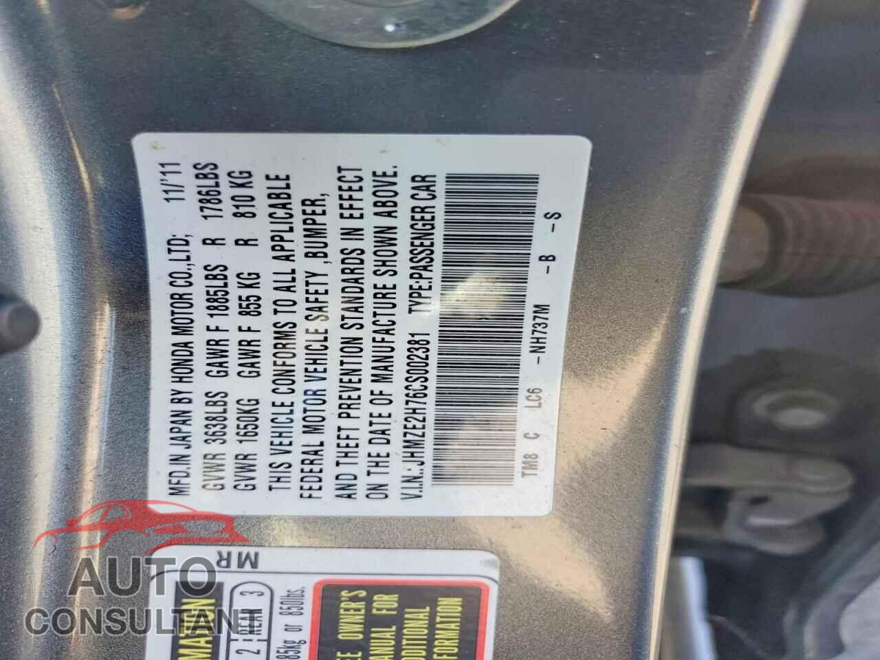 HONDA INSIGHT 2012 - JHMZE2H76CS002381