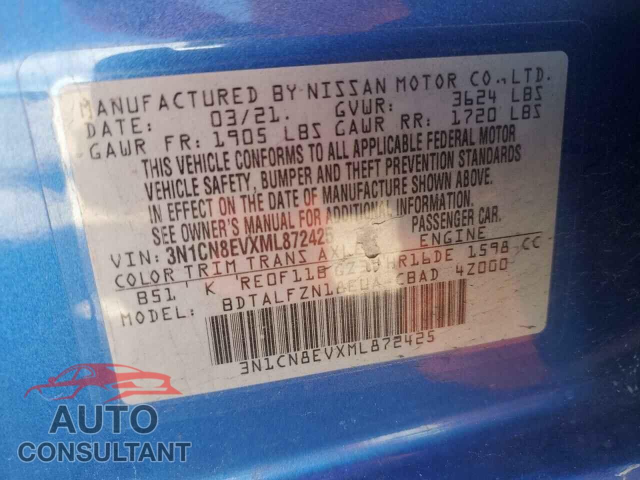 NISSAN VERSA 2021 - 3N1CN8EVXML872425