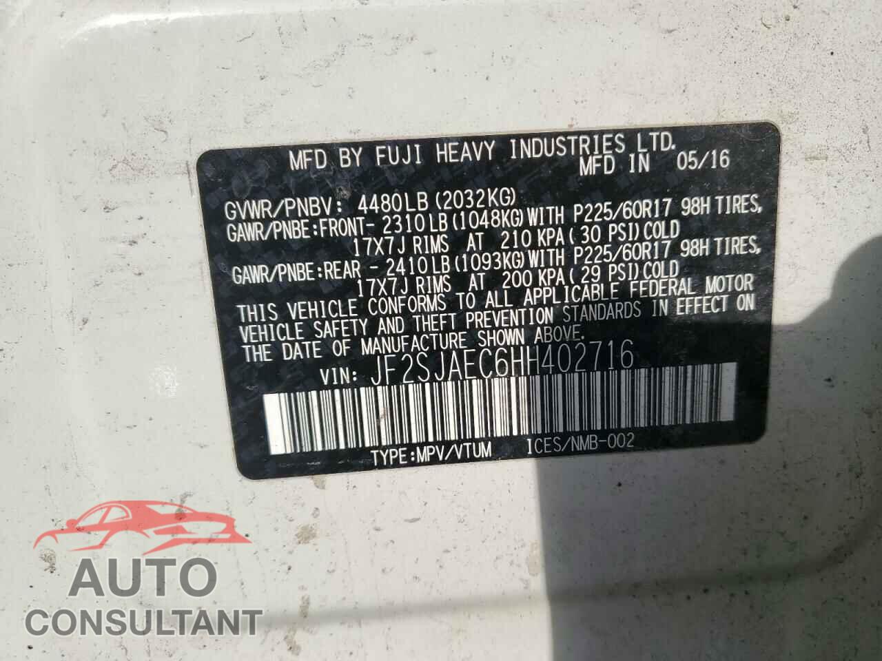 SUBARU FORESTER 2017 - JF2SJAEC6HH402716