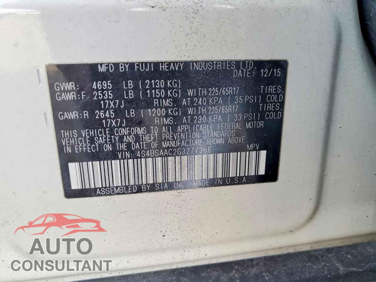 SUBARU OUTBACK 2016 - 4S4BSAAC2G3277366