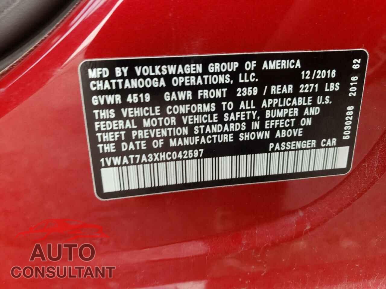 VOLKSWAGEN PASSAT 2017 - 1VWAT7A3XHC042597