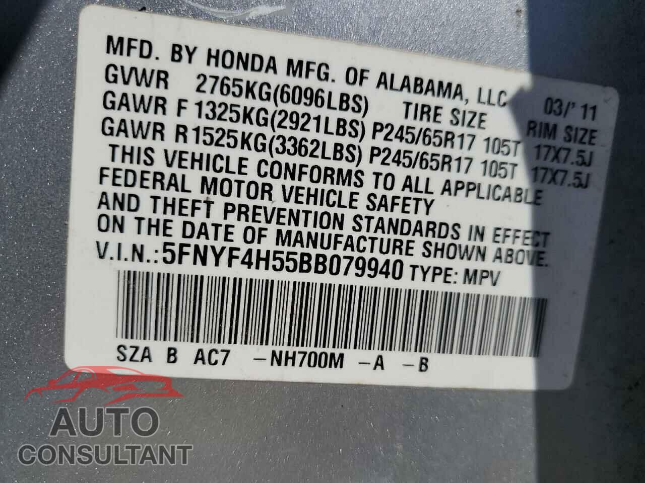 HONDA PILOT 2011 - 5FNYF4H55BB079940
