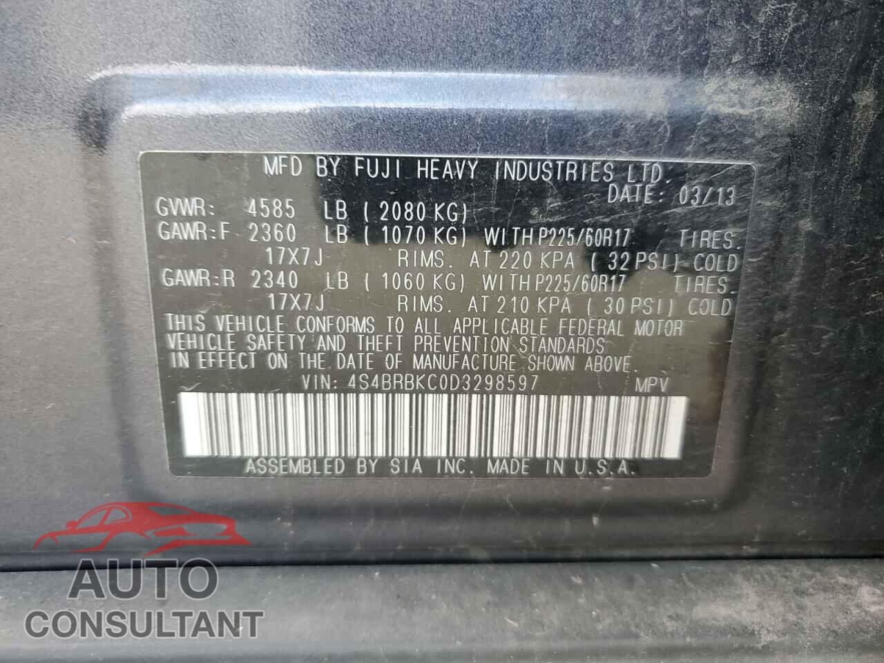 SUBARU OUTBACK 2013 - 4S4BRBKC0D3298597