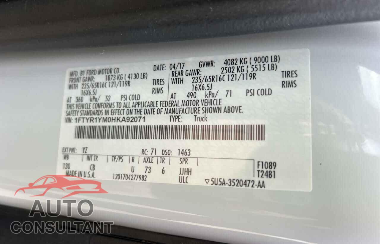 FORD TRANSIT 2017 - 1FTYR1YM0HKA92071