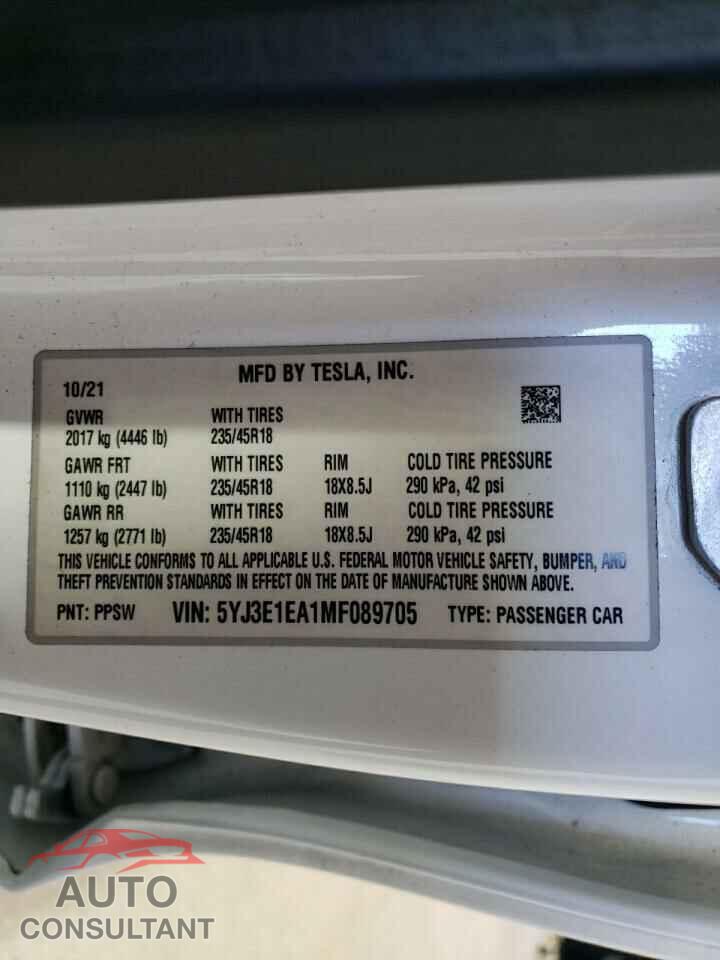 TESLA MODEL 3 2021 - 5YJ3E1EA1MF089705