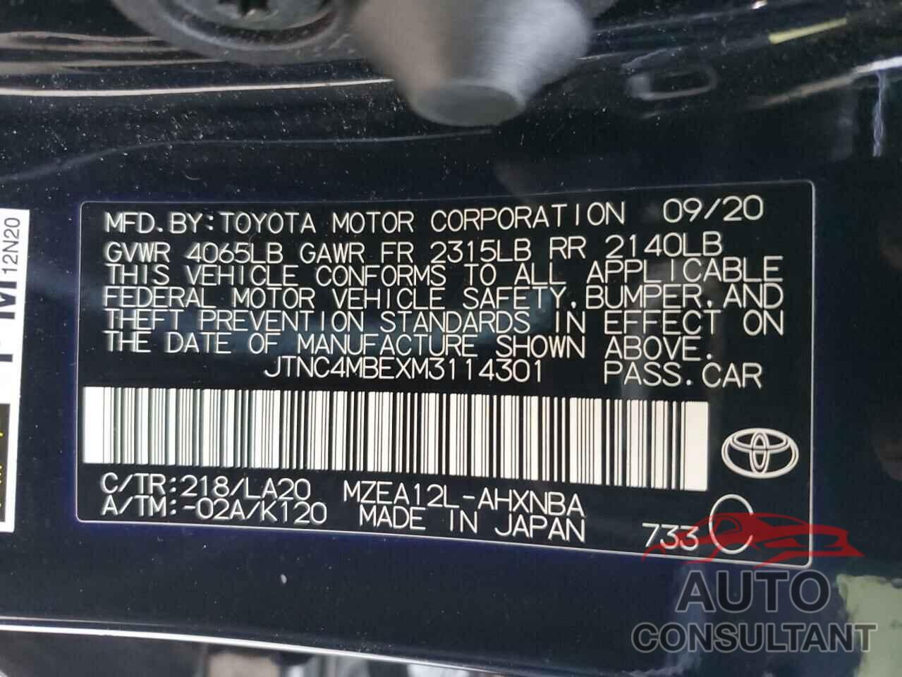 TOYOTA COROLLA 2021 - JTNC4MBEXM3114301