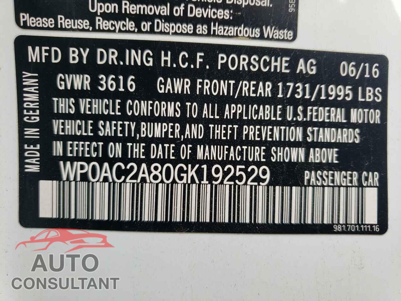 PORSCHE CAYMAN 2016 - WP0AC2A80GK192529