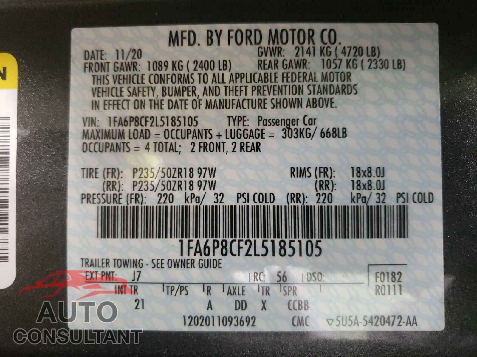 FORD MUSTANG 2020 - 1FA6P8CF2L5185105