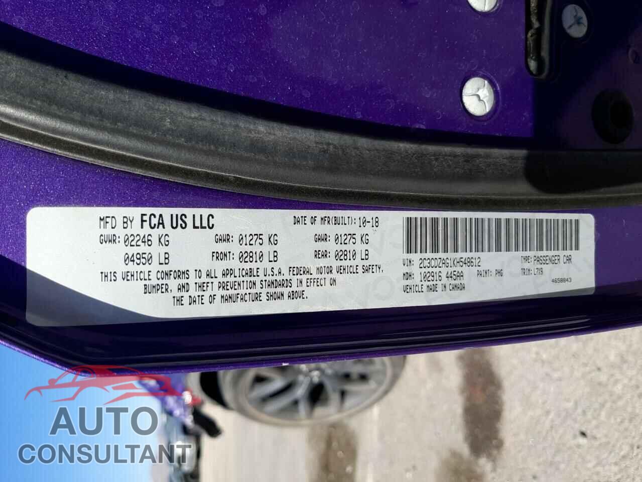 DODGE CHALLENGER 2019 - 2C3CDZAG1KH548612
