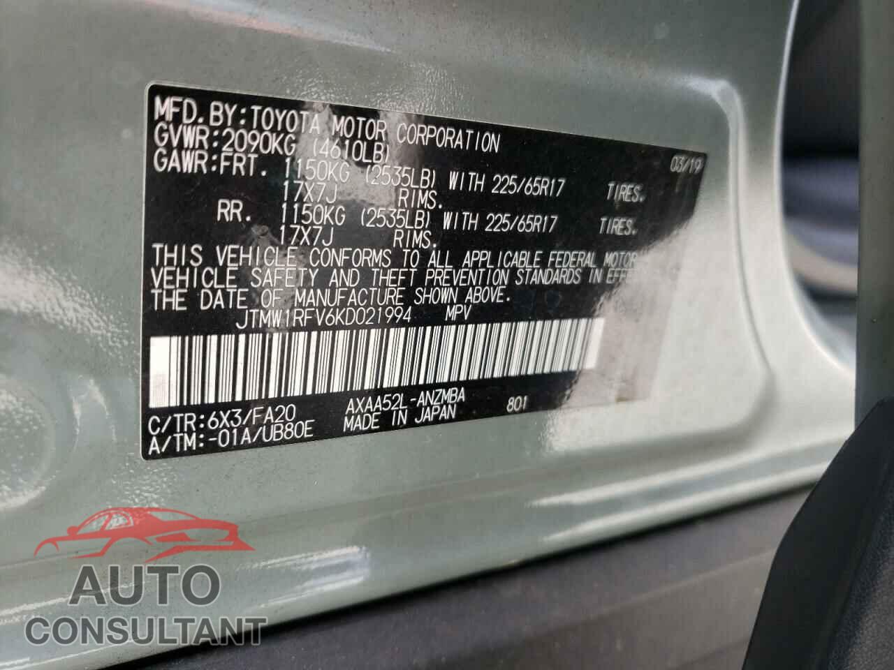 TOYOTA RAV4 2019 - JTMW1RFV6KD021994