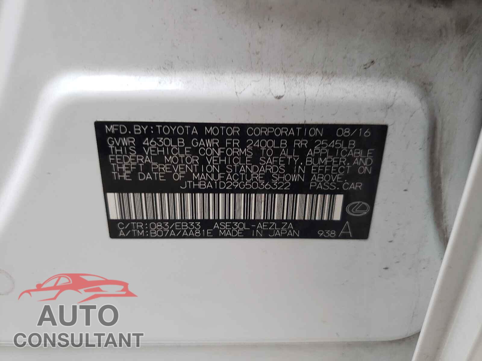 LEXUS IS 2016 - JTHBA1D29G5036322