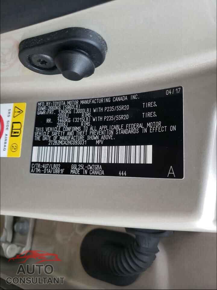 LEXUS RX350 2017 - 2T2BZMCA2HC093031