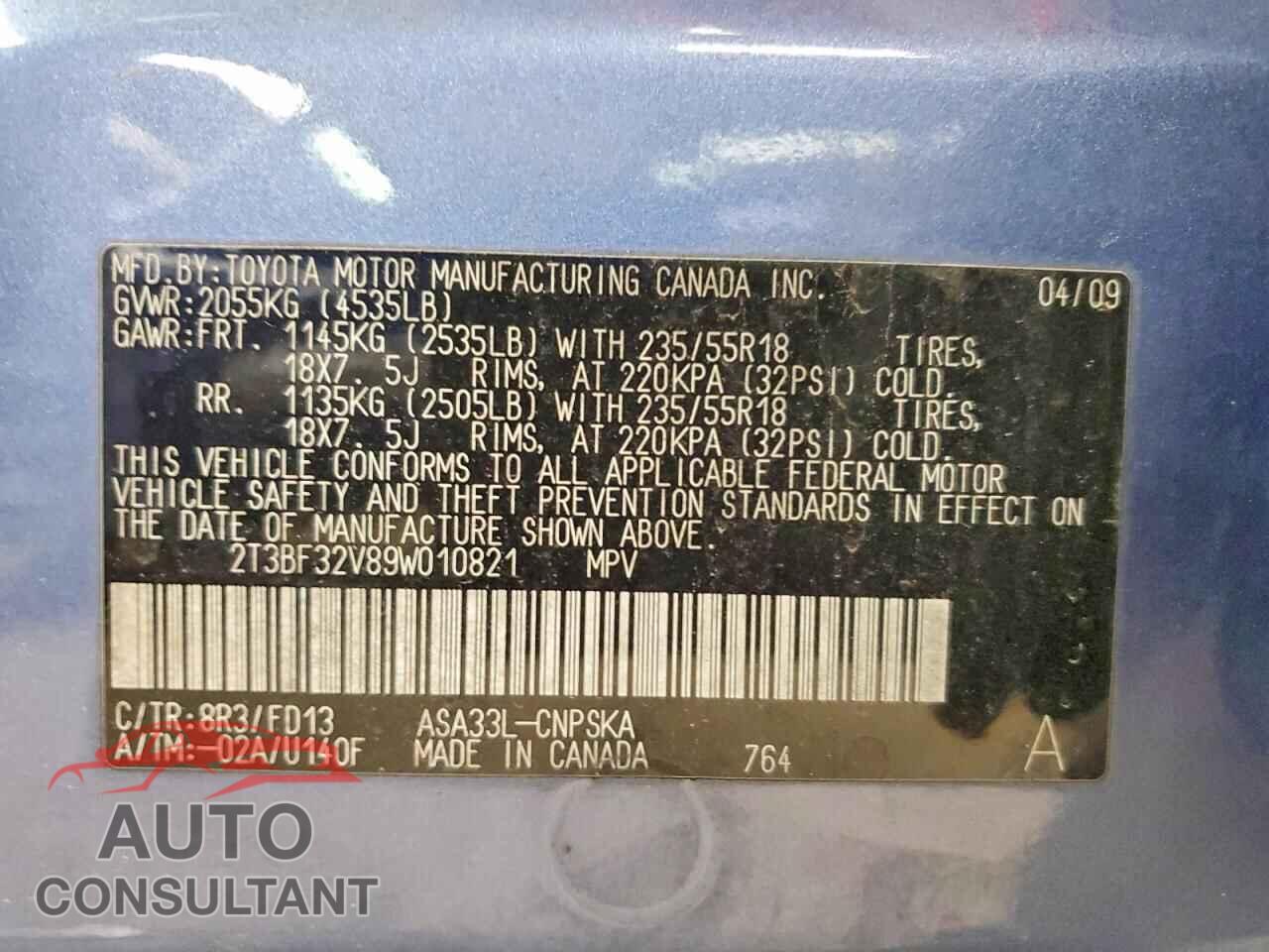 TOYOTA RAV4 2009 - 2T3BF32V89W010821