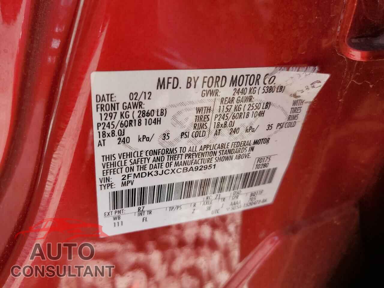 FORD EDGE 2012 - 2FMDK3JCXCBA92951