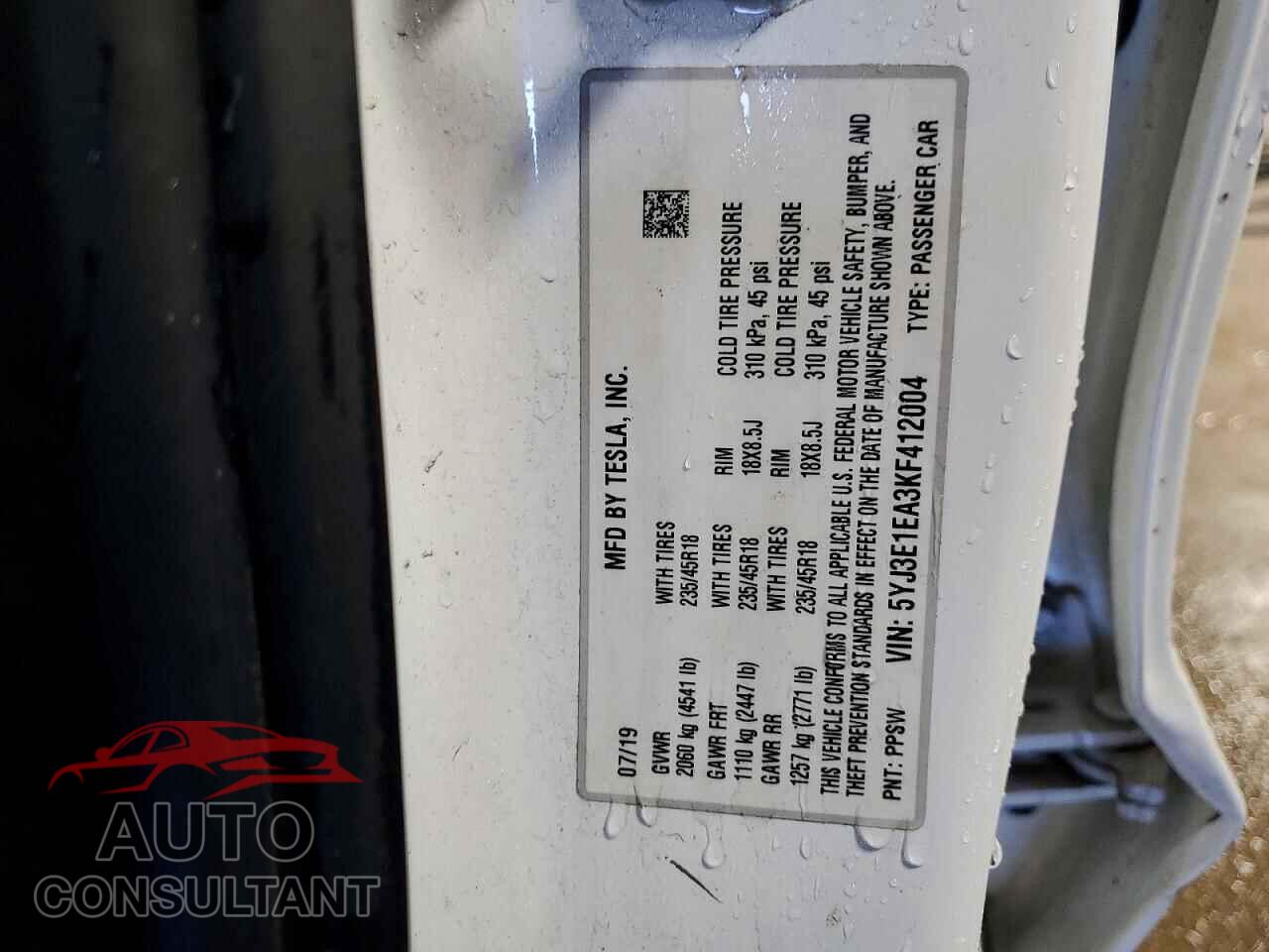 TESLA MODEL 3 2019 - 5YJ3E1EA3KF412004