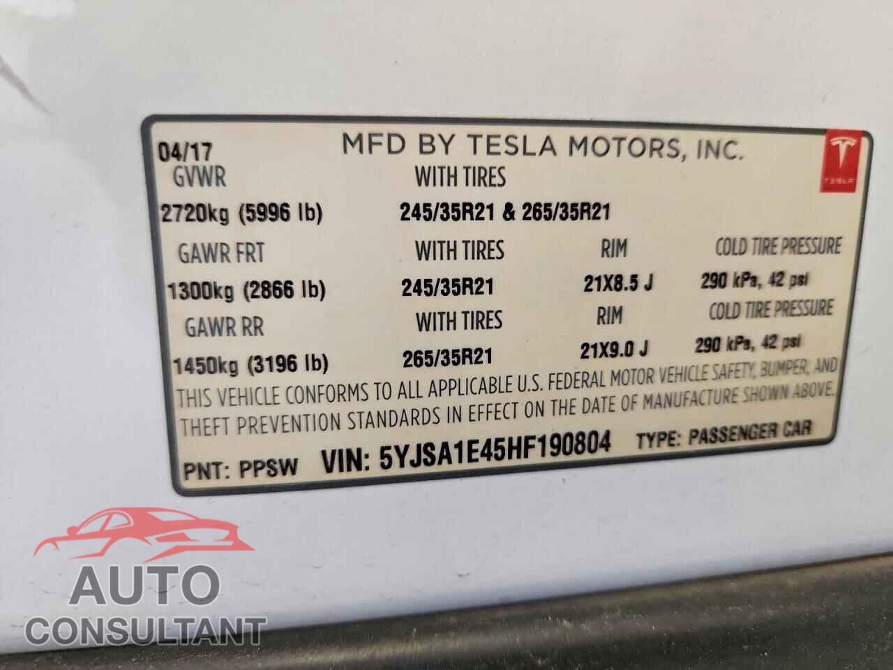 TESLA MODEL S 2017 - 5YJSA1E45HF190804