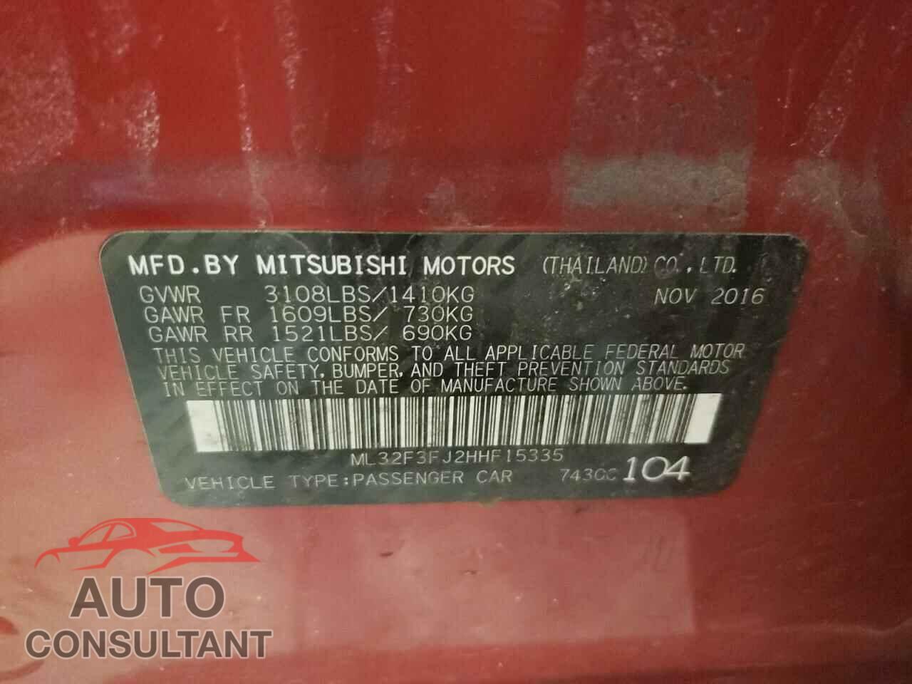 MITSUBISHI MIRAGE 2017 - ML32F3FJ2HHF15335