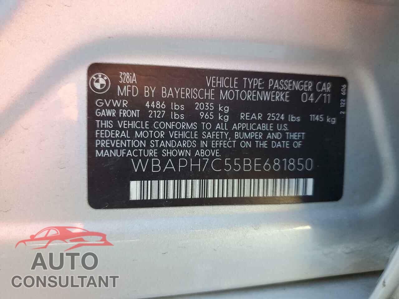 BMW 3 SERIES 2011 - WBAPH7C55BE681850