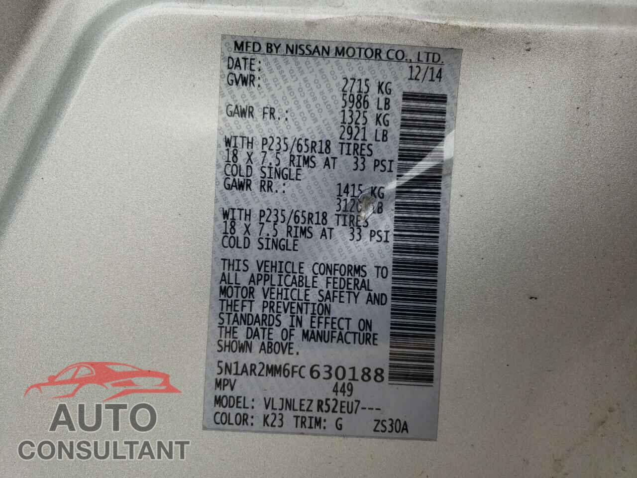 NISSAN PATHFINDER 2015 - 5N1AR2MM6FC630188