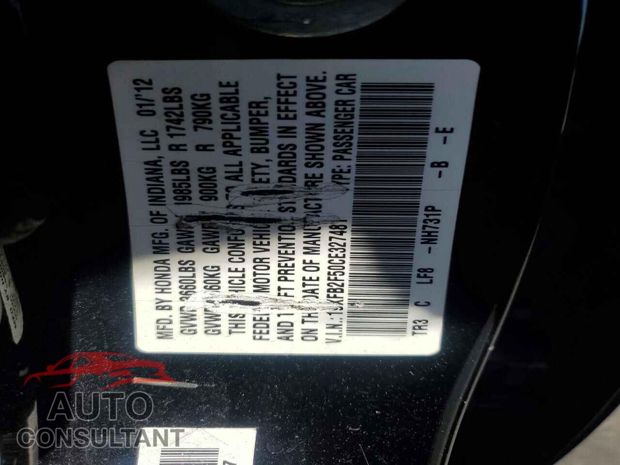 HONDA CIVIC 2012 - 19XFB2F50CE327481