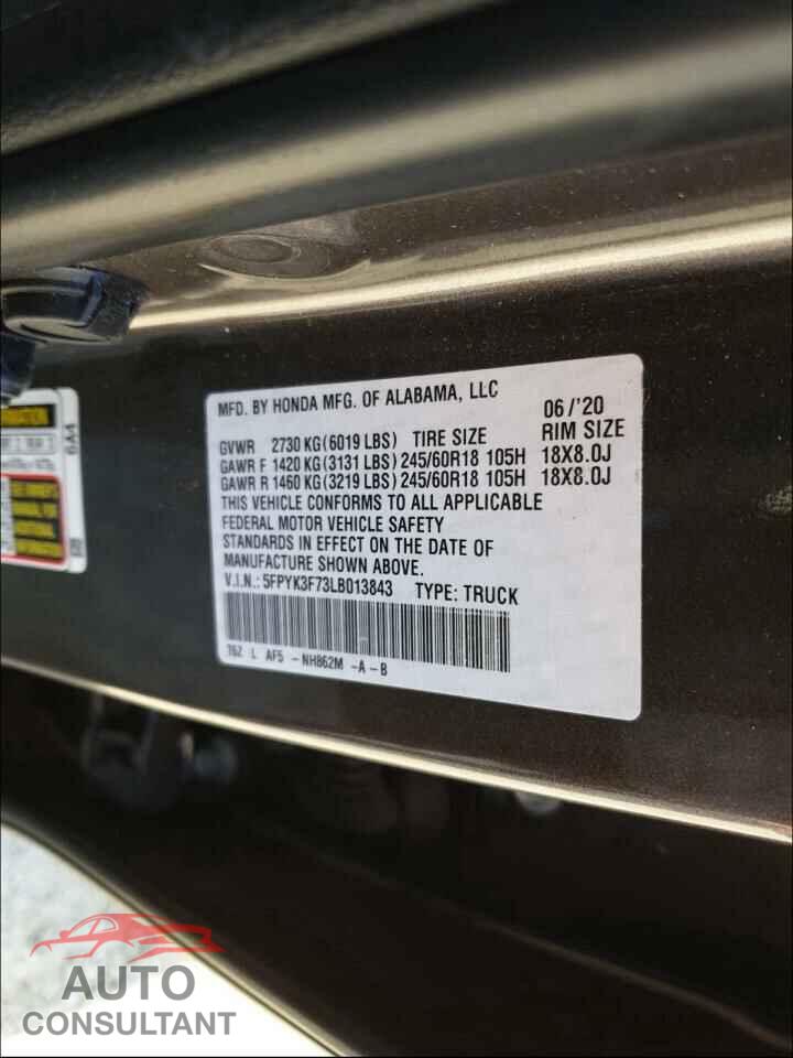 HONDA RIDGELINE 2020 - 5FPYK3F73LB013843
