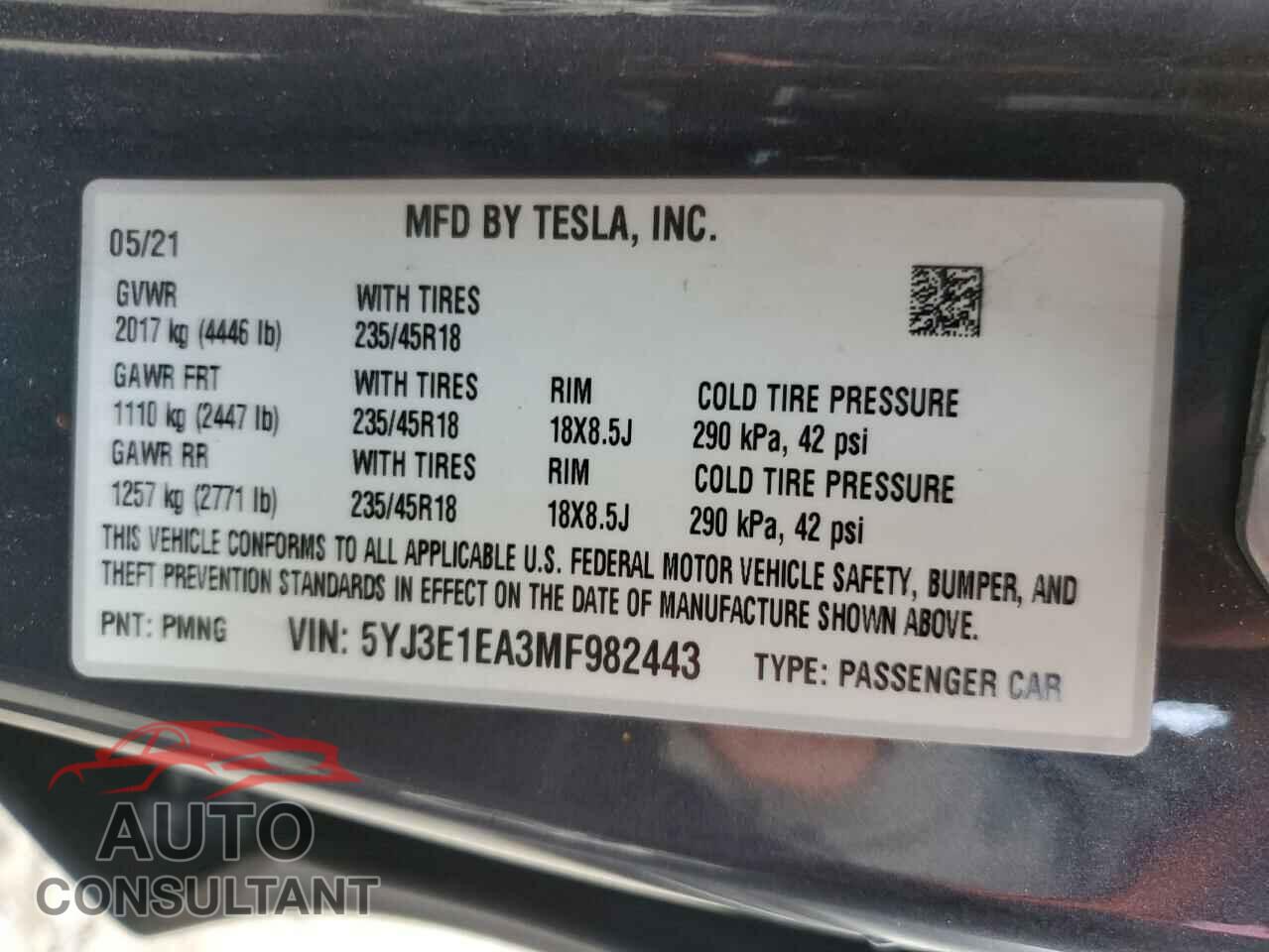 TESLA MODEL 3 2021 - 5YJ3E1EA3MF982443