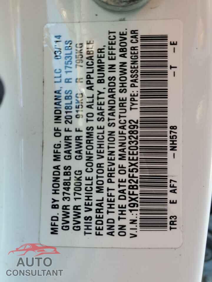 HONDA CIVIC 2014 - 19XFB2F5XEE032892