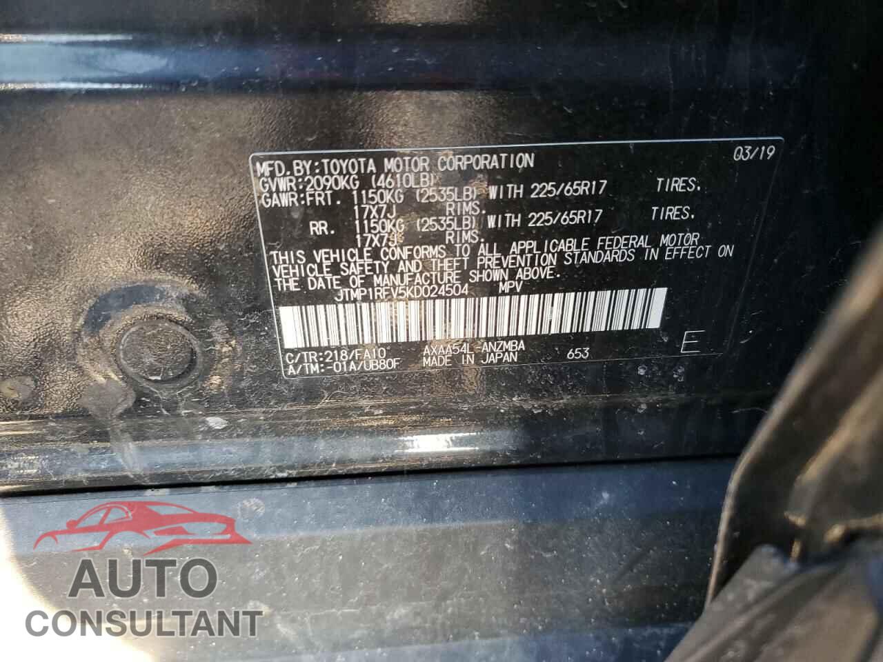 TOYOTA RAV4 2019 - JTMP1RFV5KD024504