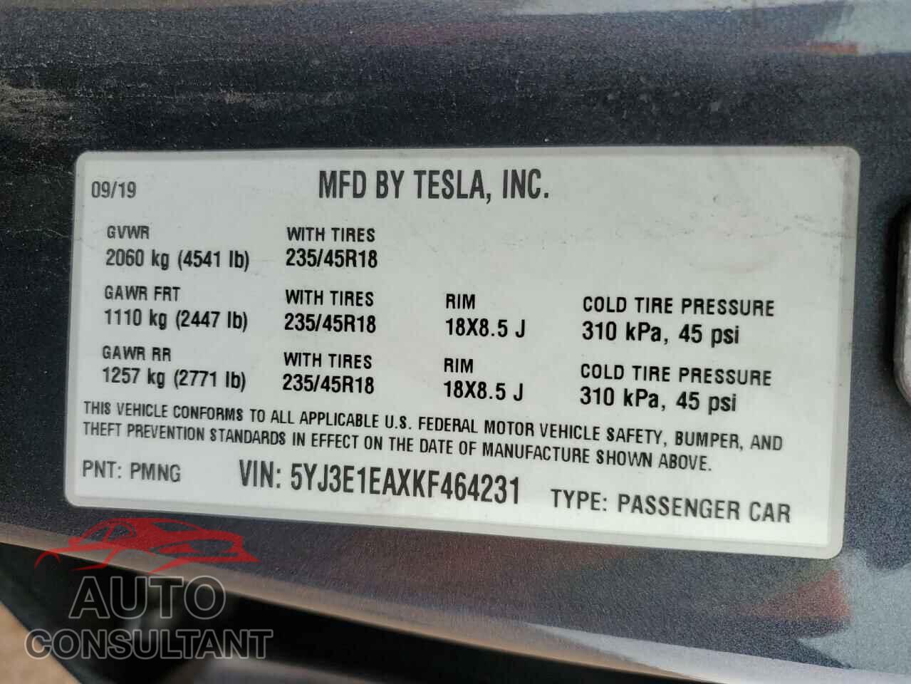 TESLA MODEL 3 2019 - 5YJ3E1EAXKF464231