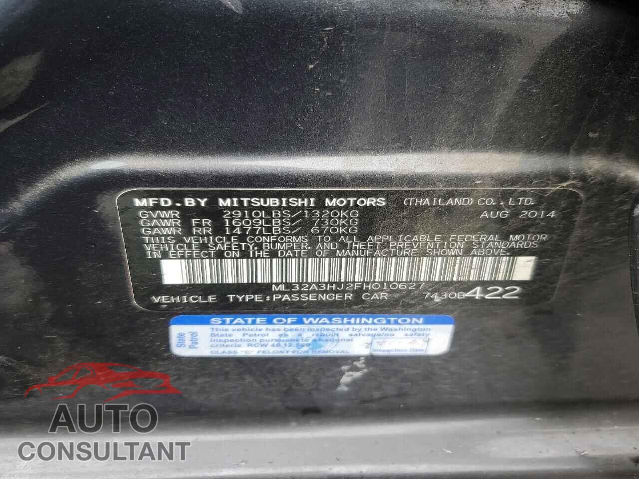 MITSUBISHI MIRAGE 2015 - ML32A3HJ2FH010627