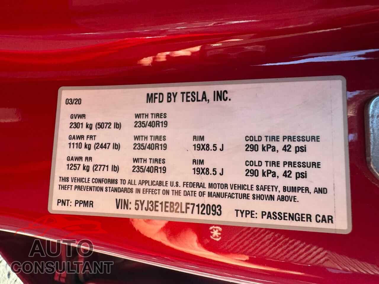 TESLA MODEL 3 2020 - 5YJ3E1EB2LF712093