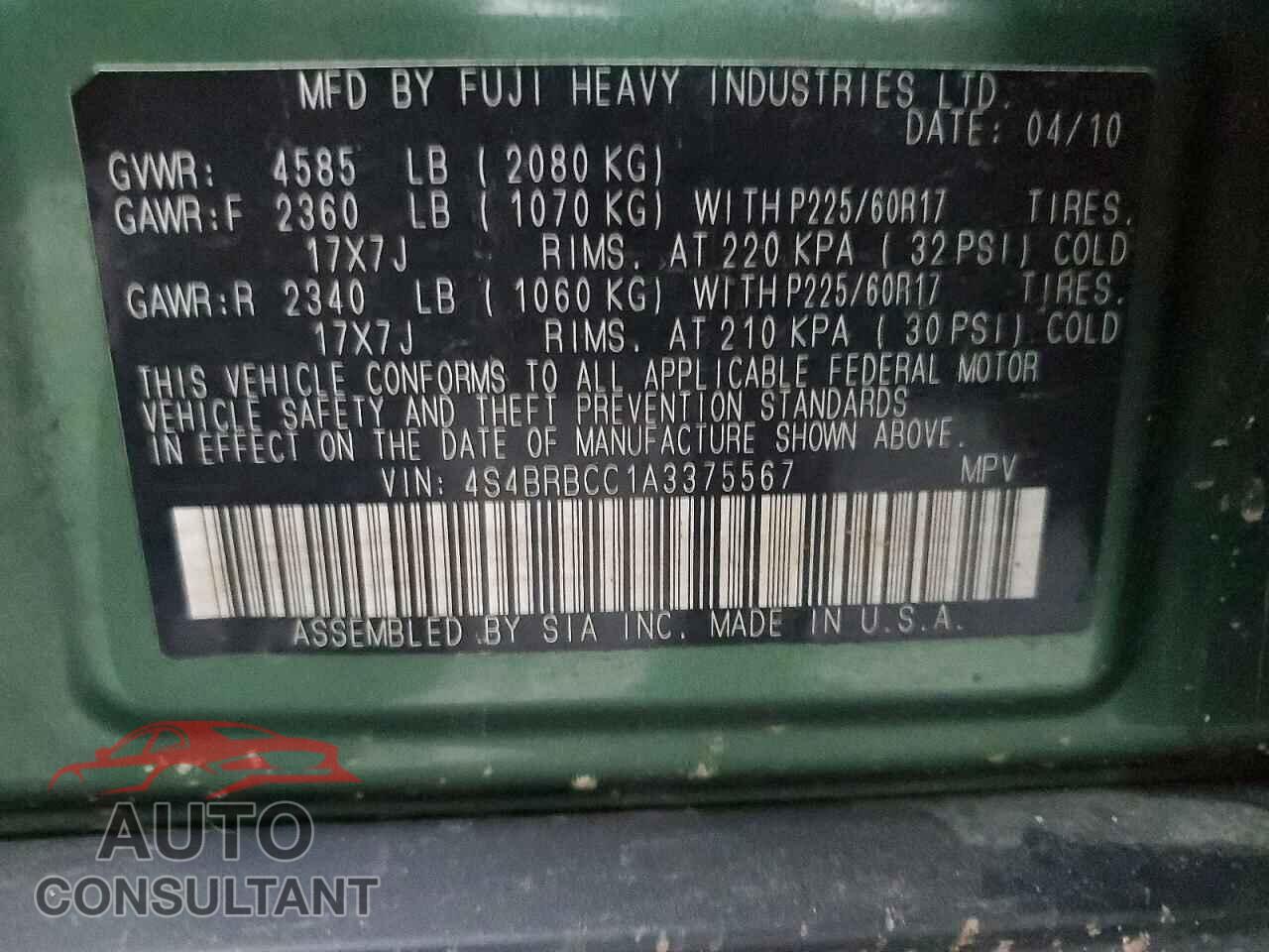 SUBARU OUTBACK 2010 - 4S4BRBCC1A3375567