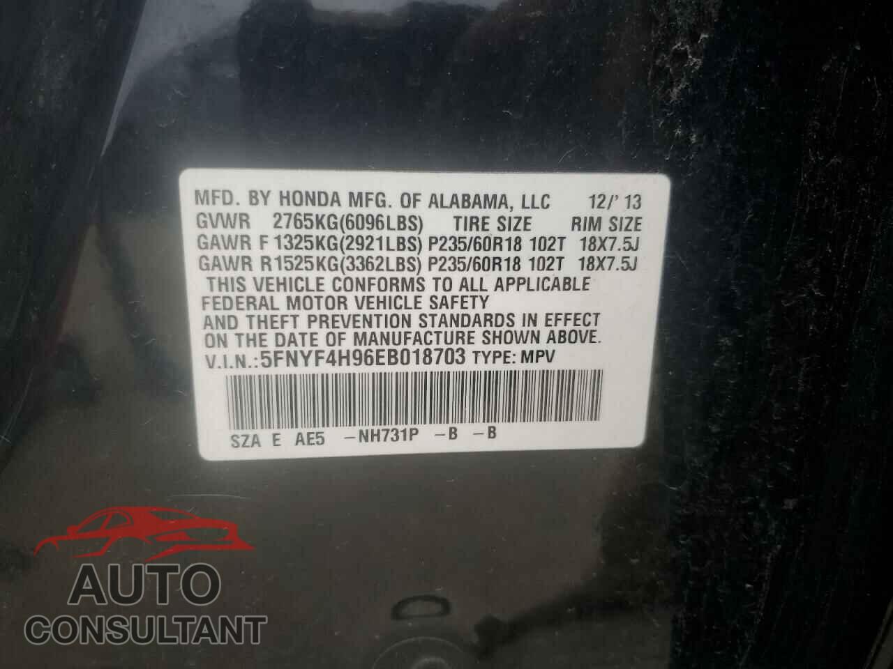 HONDA PILOT 2014 - 5FNYF4H96EB018703