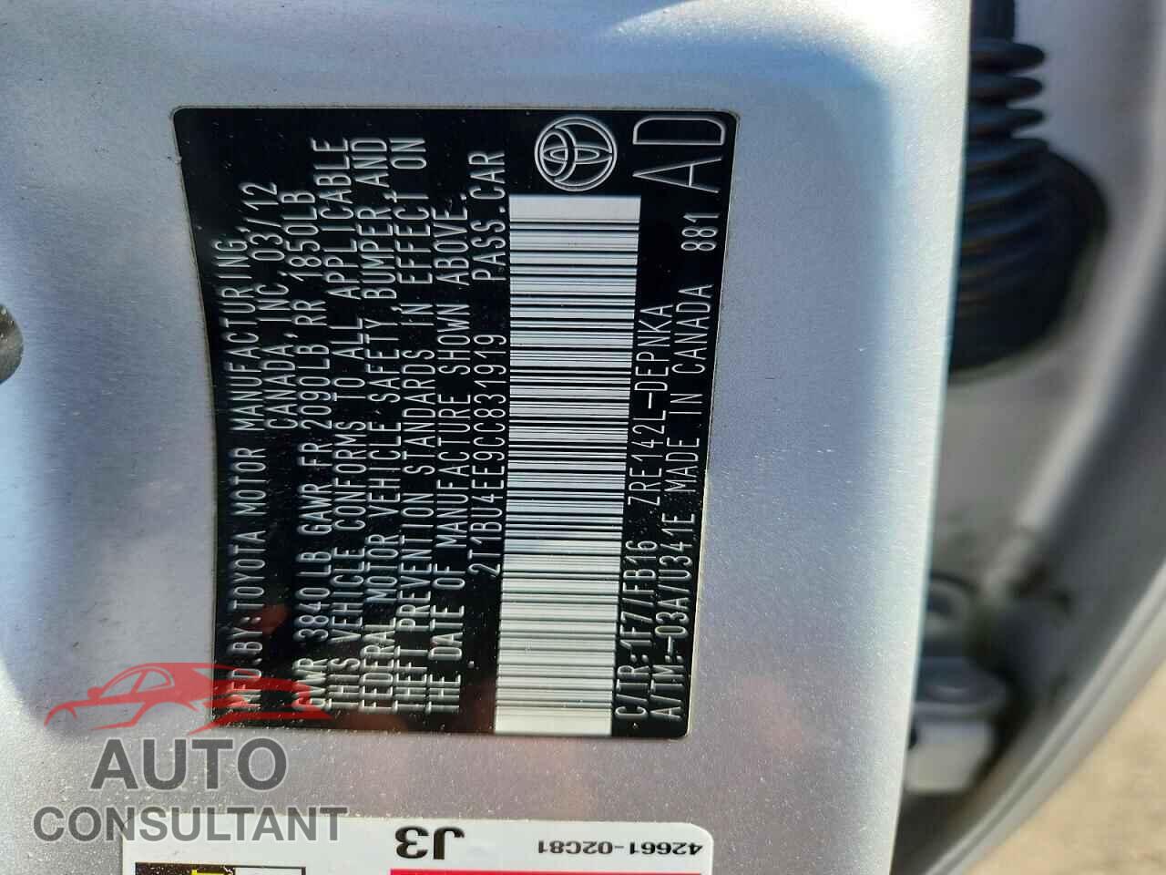 TOYOTA COROLLA 2012 - 2T1BU4EE9CC831919
