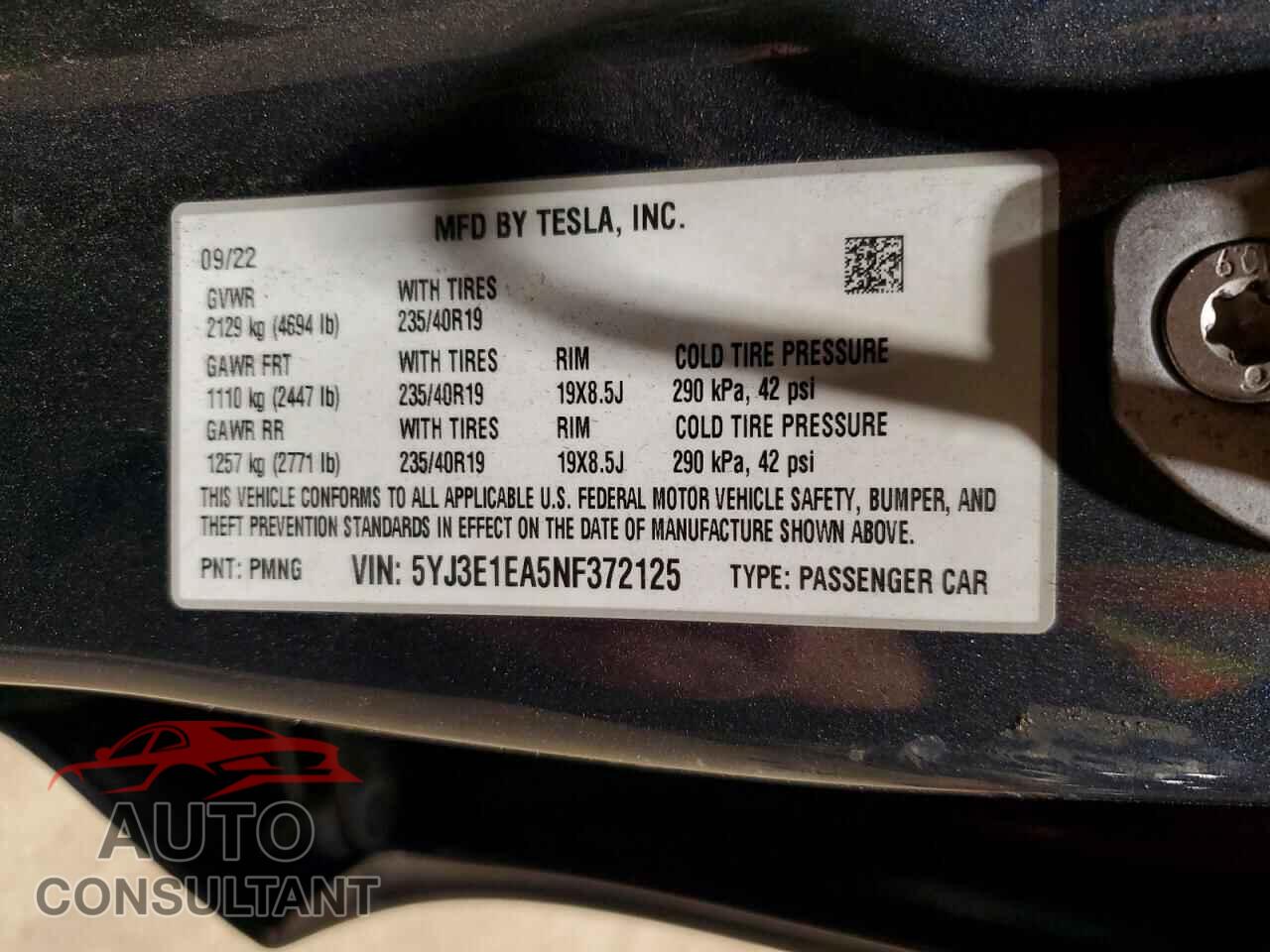 TESLA MODEL 3 2022 - 5YJ3E1EA5NF372125