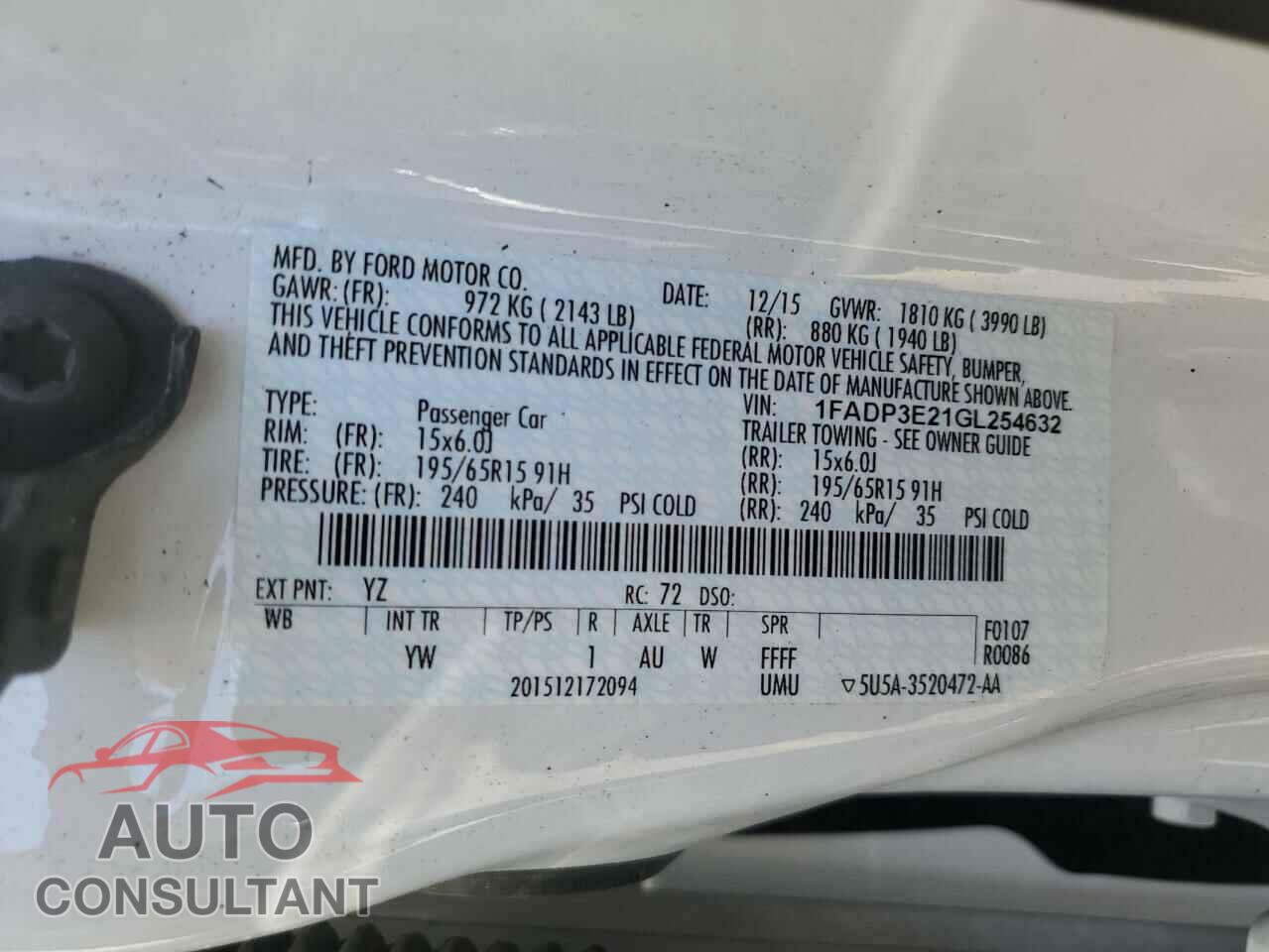 FORD FOCUS 2016 - 1FADP3E21GL254632