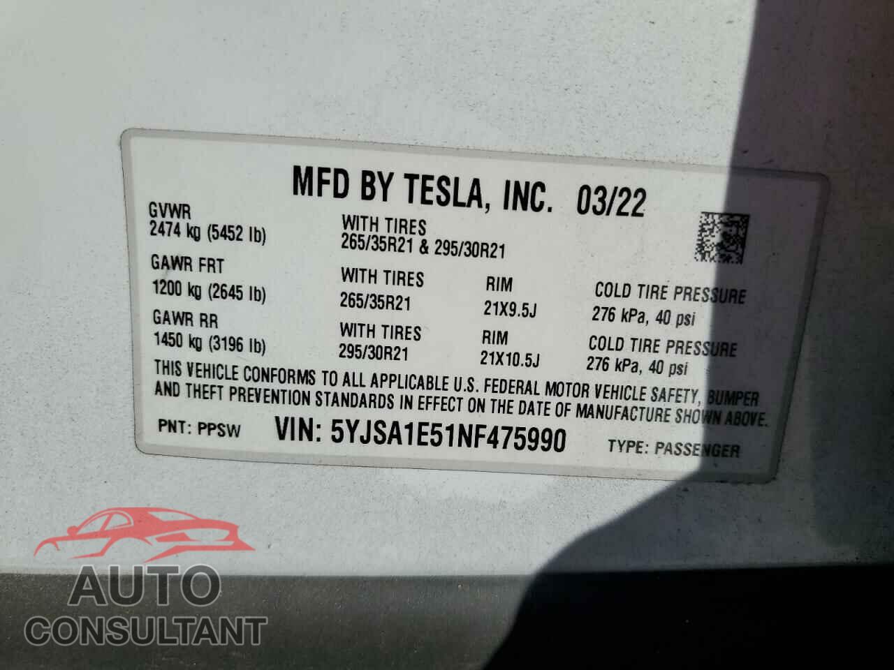 TESLA MODEL S 2022 - 5YJSA1E51NF475990