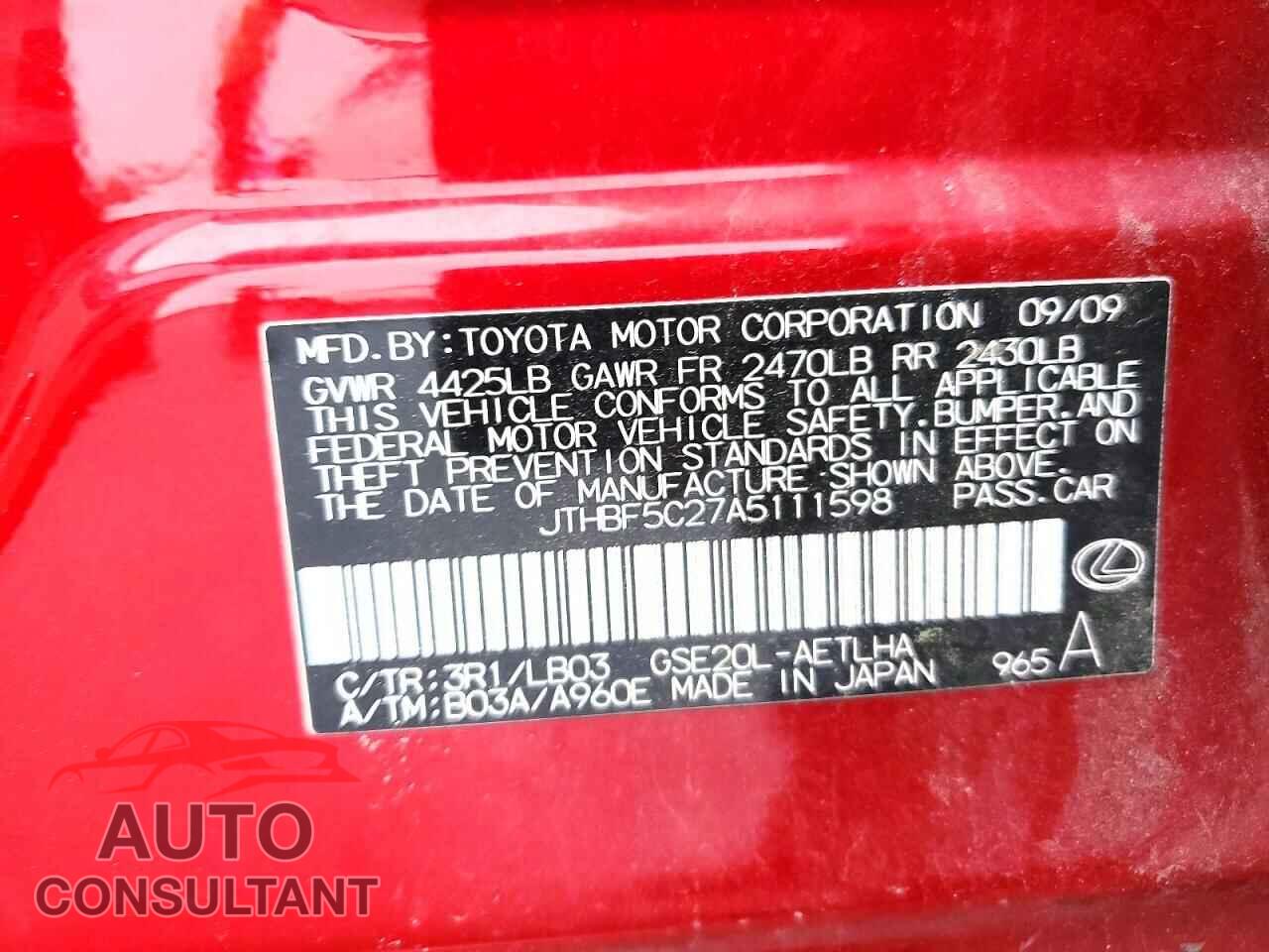 LEXUS IS 2010 - JTHBF5C27A5111598